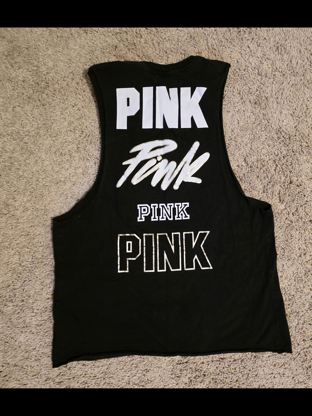 PINK Victoria's Secret Black Muscle Tank with White Logo Stack